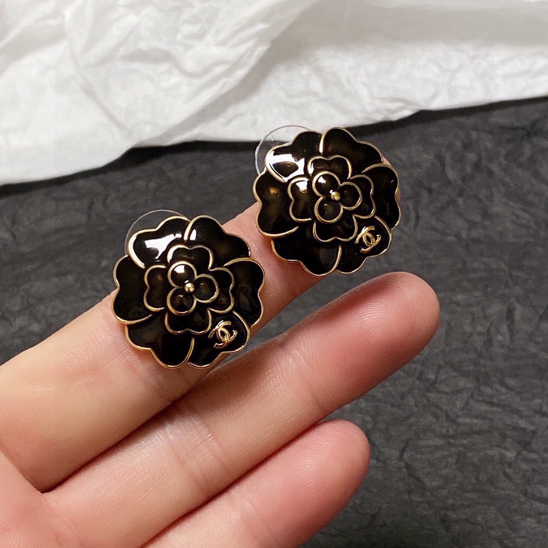 Chanel Black and White Camellia Earrings