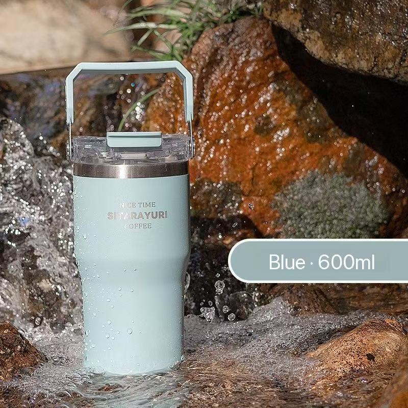 Portable stainless steel thermos flask, stylish design, convenient dual-drink straw water bottle, car water cup
