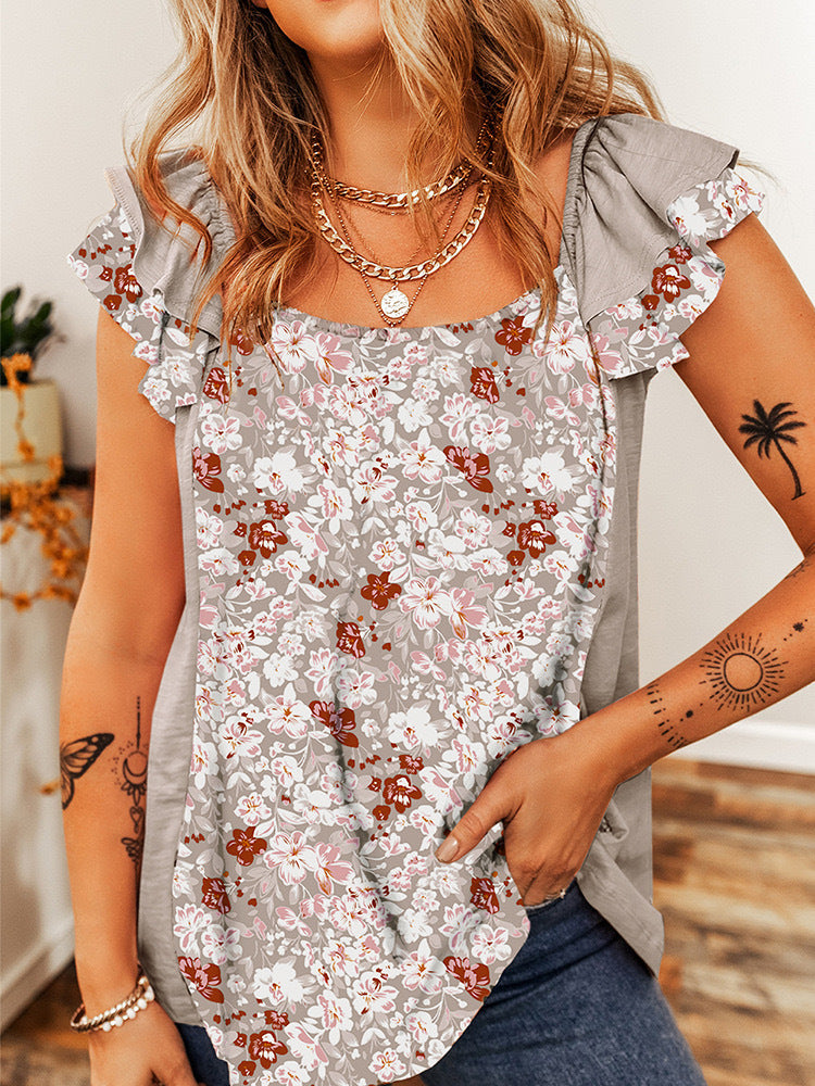 Fashion Floral Sleeveless Top with Square Collar and Flounce Detail