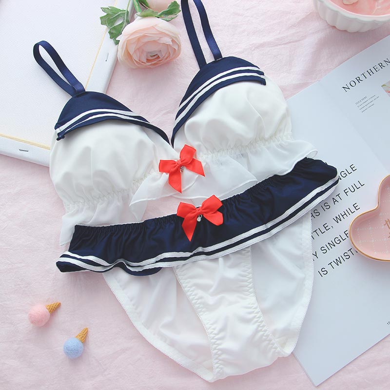 Navy Style Bow knot Lingerie Set
