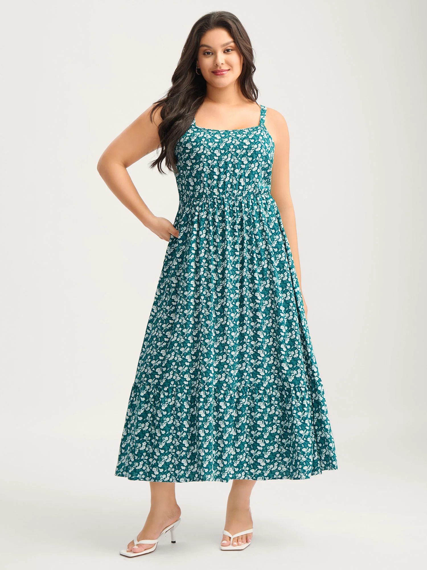 Rayon Ditsy Floral Print Pockets Midi Dress