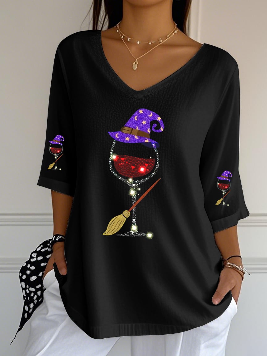 Women's Halloween Sequined Red Wine Glass T-shirt