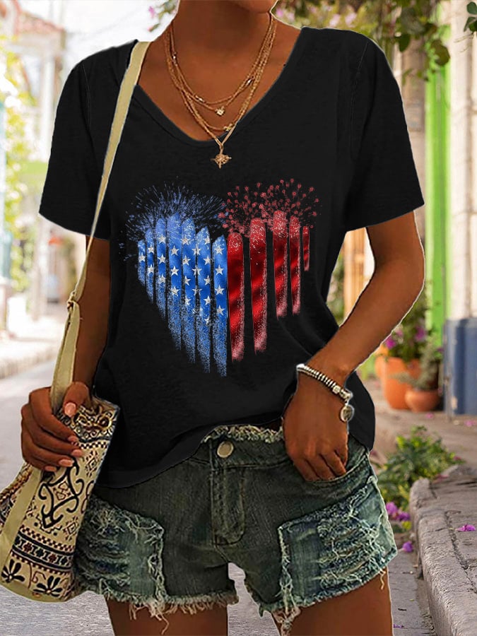 Women'S V-Neck Independence Day Vintage Casual T-Shirt