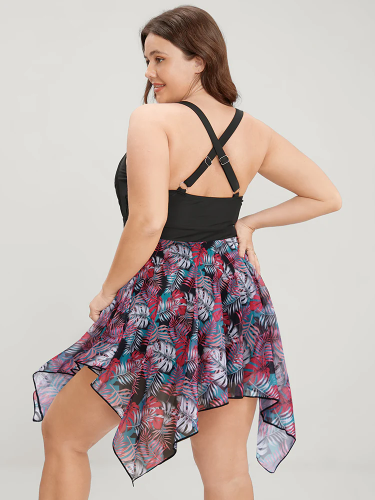 Tropical Ruched Ties Hanky Hem Crisscross Swim Dress