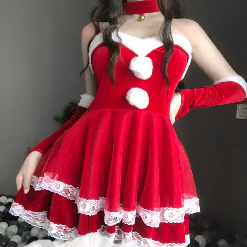 Christmas Cosplay Double Lace Fuzzy Ball Off The Shoulder Dress