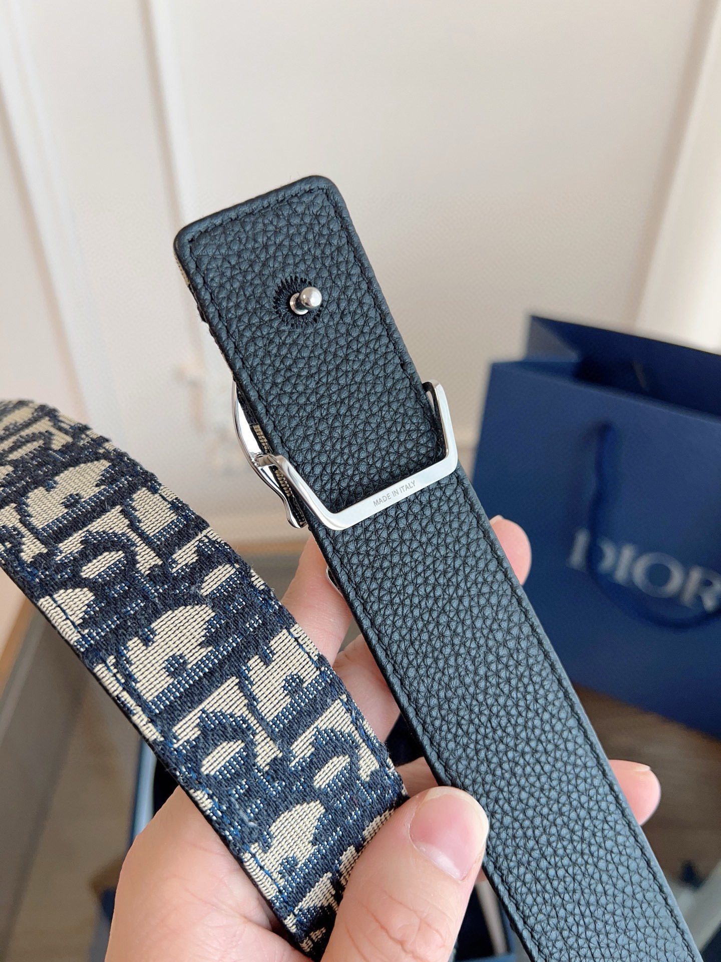 Dior Oblique Blue Cloth Black Cowhide Leather Strap 3.5cm Wide