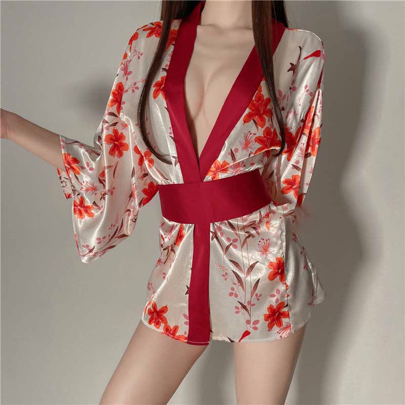 Floral Print Deep V-neck Lace Up Kimono Lingerie Dress