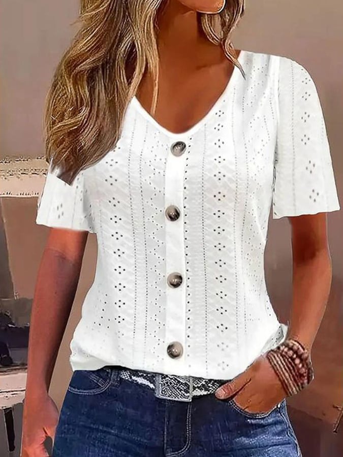 Women's Textured Fabric V-Neck Button Design Casual Shirt