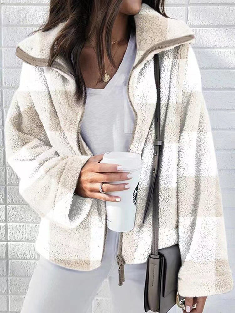 Plus Size Autumn Winter Dried Shrimp Double Sided Plush Plaid Coat Women Clothing