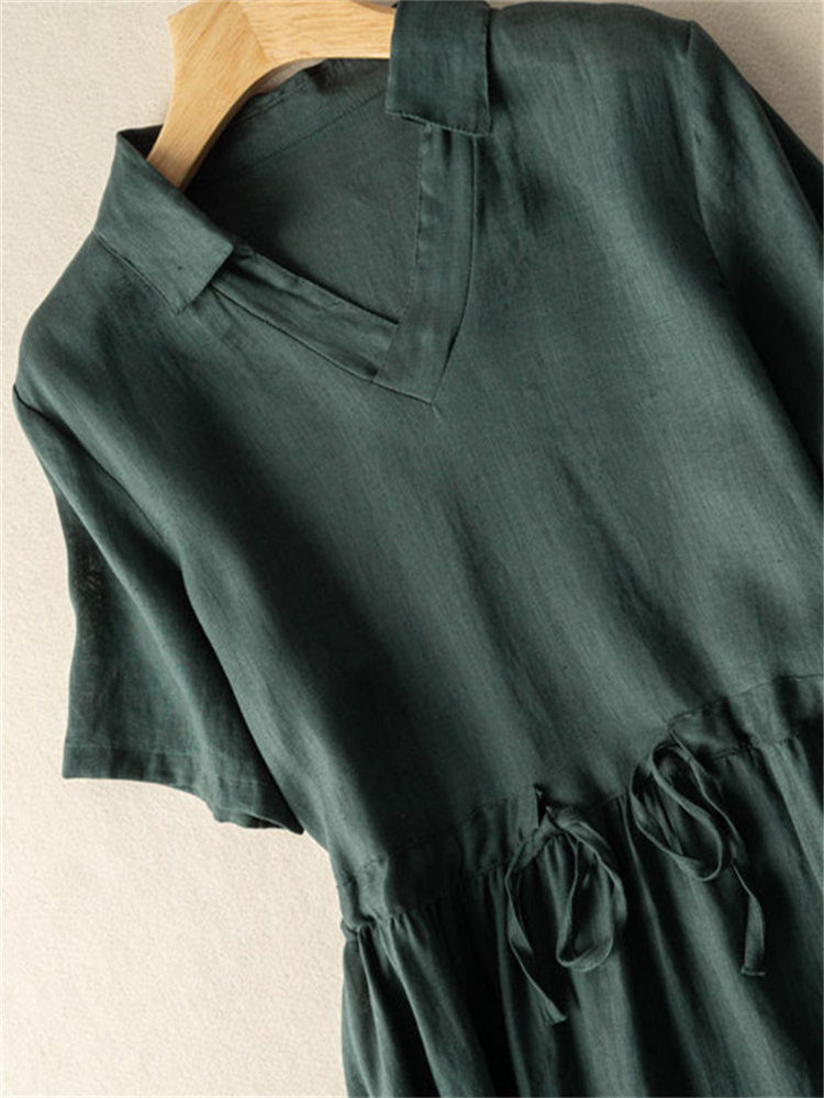 Patch Pockets Lapel V Neck Maxi Dress