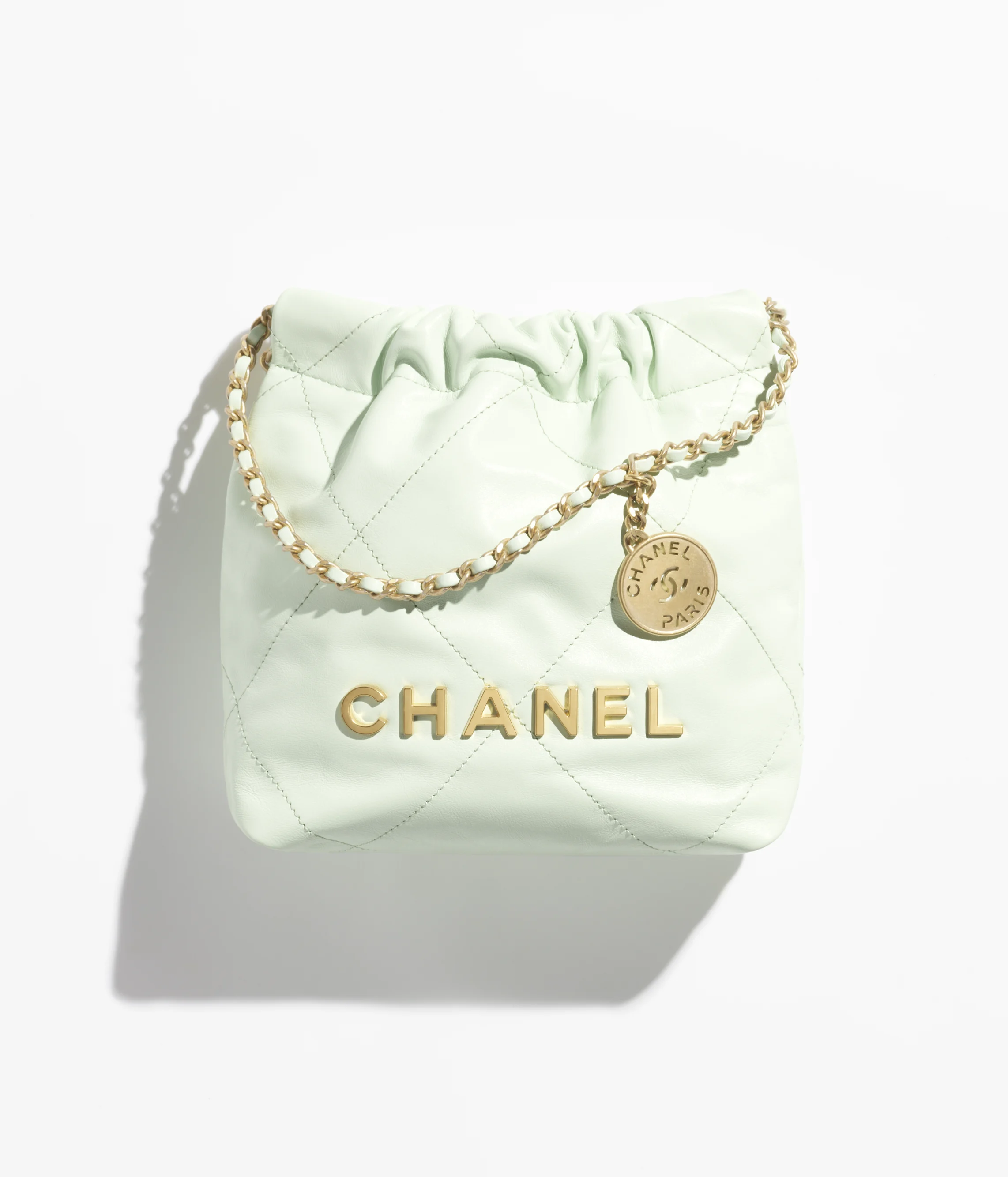 CHANEL 22 Mini Handbag Shiny Calfskin & Gold-Tone Metal Light Green AS3980-B19059-NAGER
