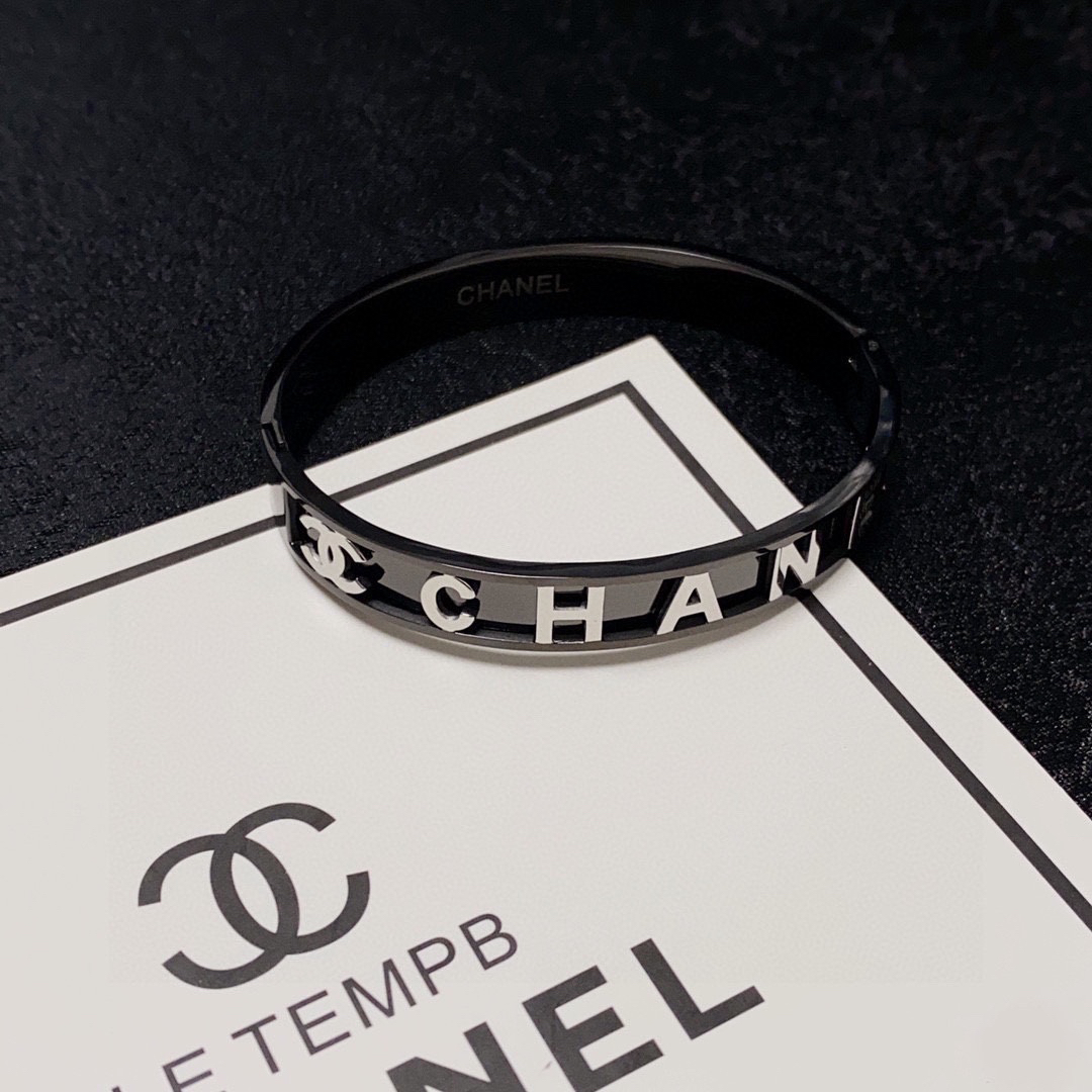 Chanel engraved letter charcoal black bracelet