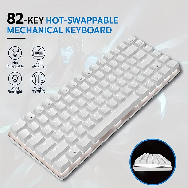 AK33 USB Type-C Wired Hot Swap Gaming Mechanical Keyboard LED White Backlight 82 Keys Ultra Compact 80% Gaming Keyboard For Office, Typists And Games