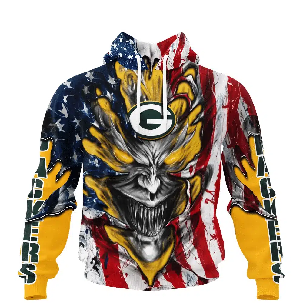 GREEN BAY PACKERS DEMON FACE AMERICAN FLAG-3D UNISEX HOODIE