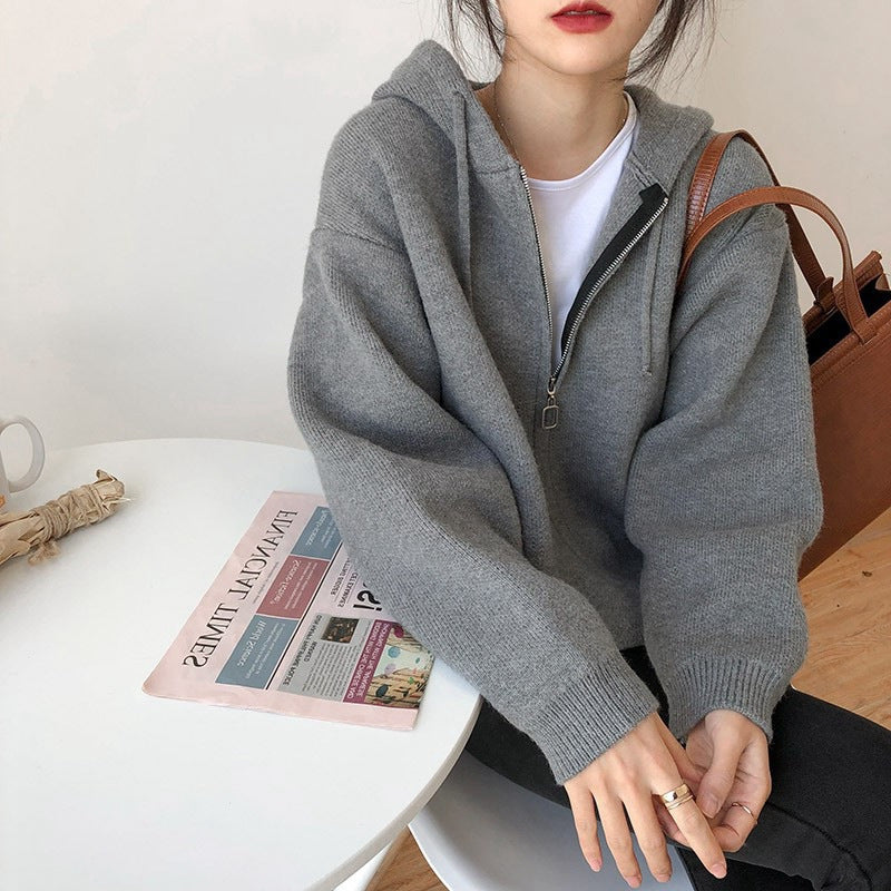 Elegant Hooded Knitted Coat – Loose Short Sweater