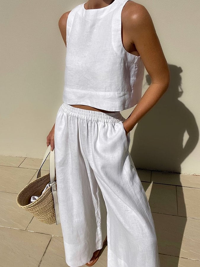 Women'S Casual Solid Color Cotton And Linen Two-Piece Suit