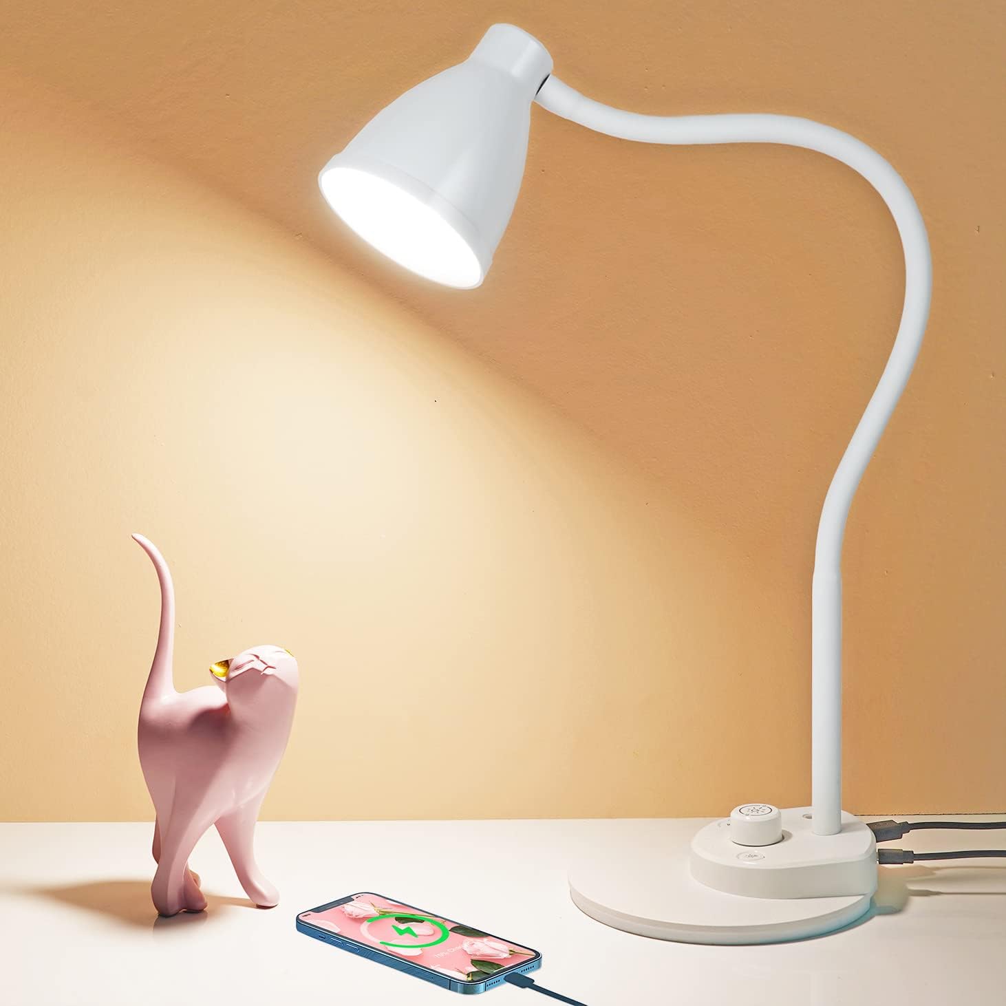 BOHON LED Desk Lamp with USB Charging Port 3 Color Modes Dimmable Reading Light Intelligent Induction Auto Dimming Task Lamp Flexible Gooseneck Table Lamp for Bedside Office, AC Adapter Include