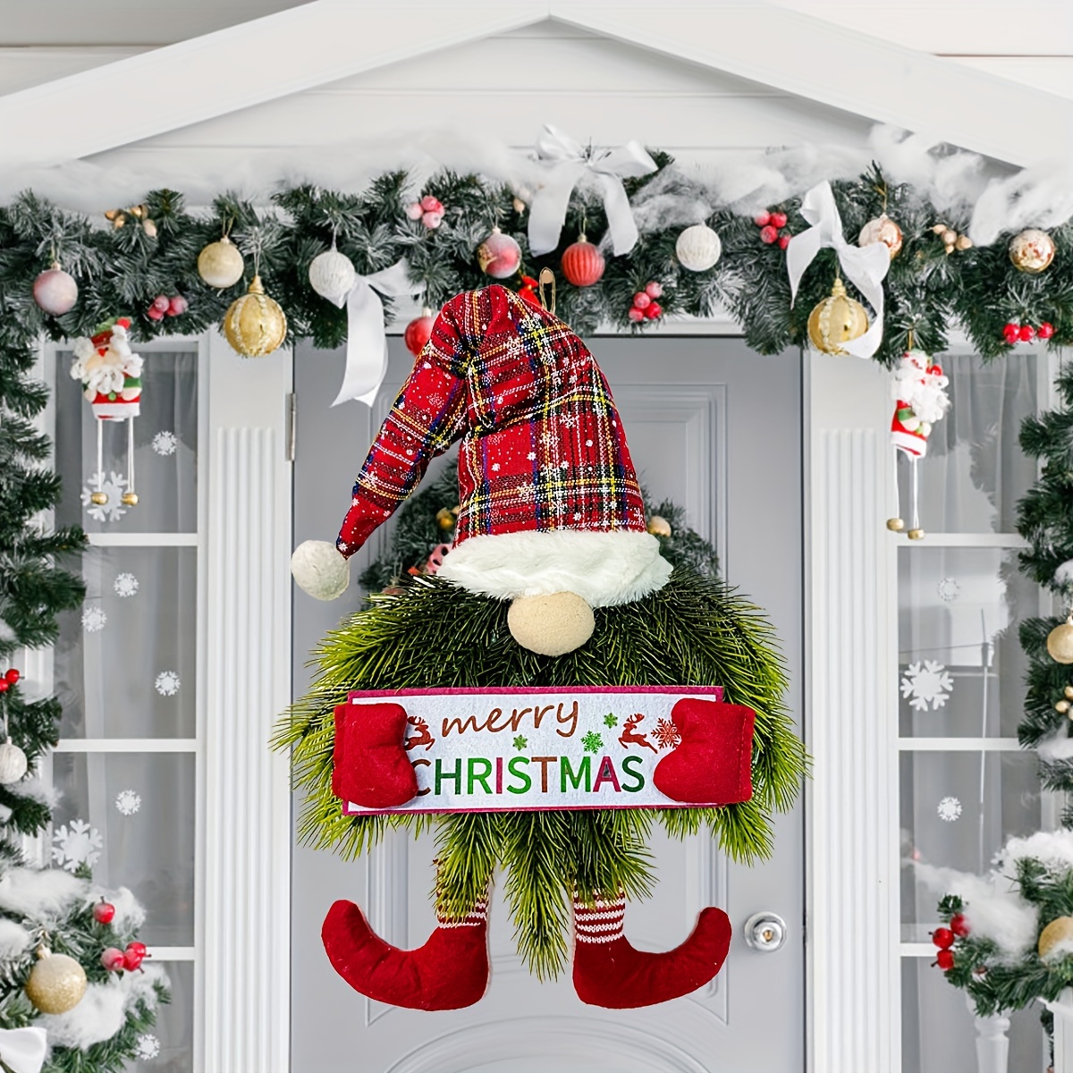 ✨🎄 Handmade Gnome Christmas Wreath with Striped Hat – Festive Door Hanging Decor🔥Buy 2 Get 10% OFF & Free Shipping