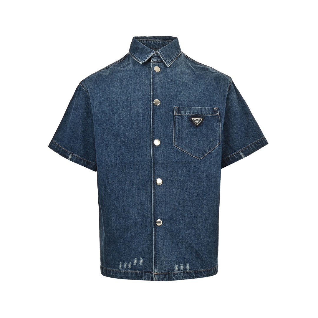 Prada 23ss triangle logo washed denim blue short sleeve shirt