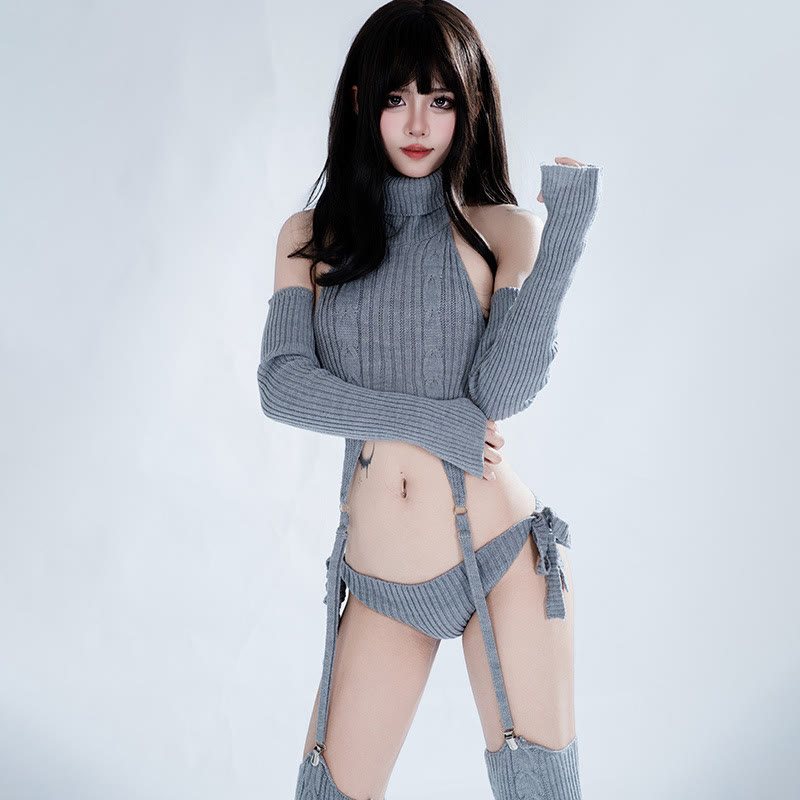 Backless Lace-up Sweater Lingerie Set