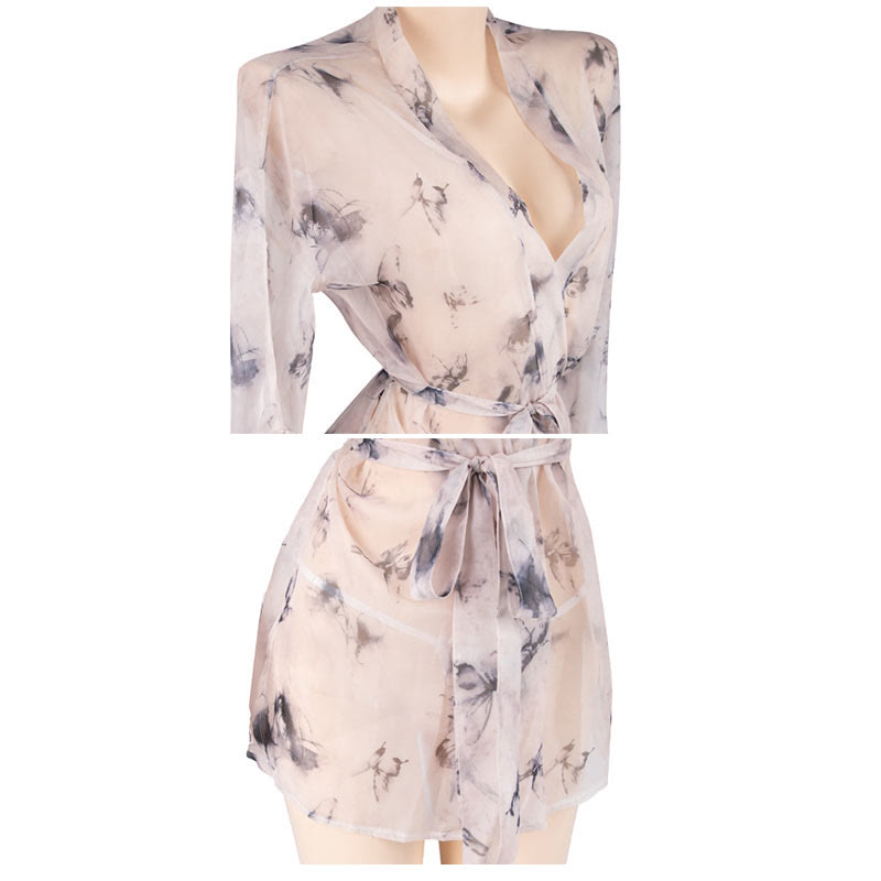 Sexy Butterfly Print See-through Kimono Lingerie Set