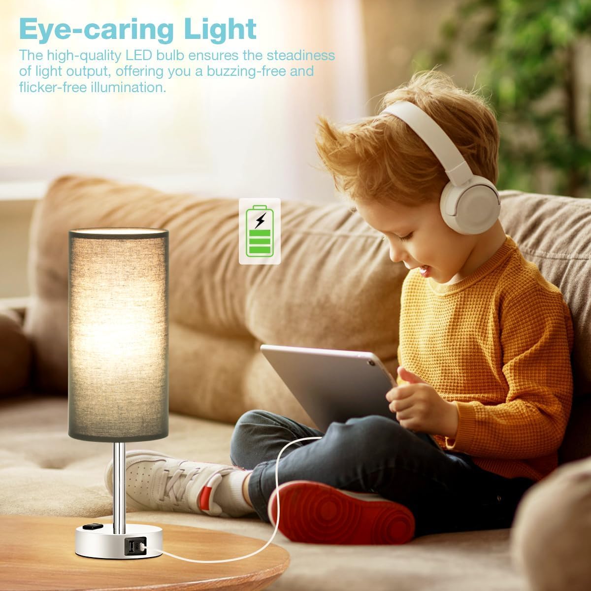Bedside Table Lamp for Bedroom - 3 Way Dimmable Touch Lamp USB C Charging Ports and AC Outlet, Small Lamp Wood Base Round Flaxen Fabric Shade for Living Room, Desk, LED Bulb Included