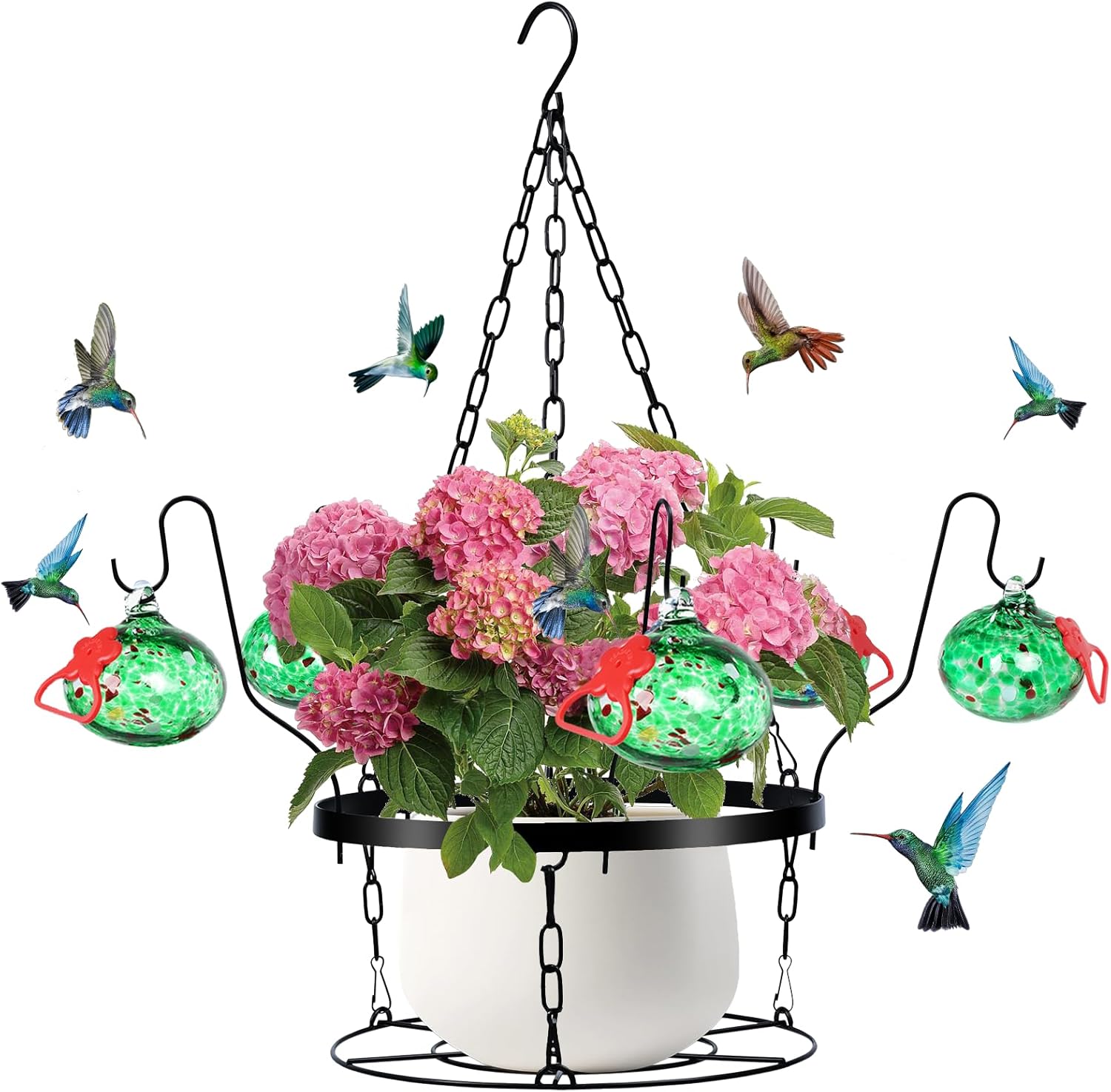 🔥HOT SALE🔥Metal Hanging Plant Holder and Glass Hummingbird Feeder 2-in-1