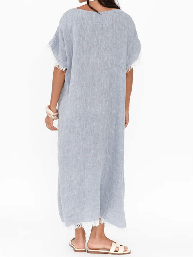 Women's Retro Contrast Tassel Design Round Neck Cotton And Linen Dress