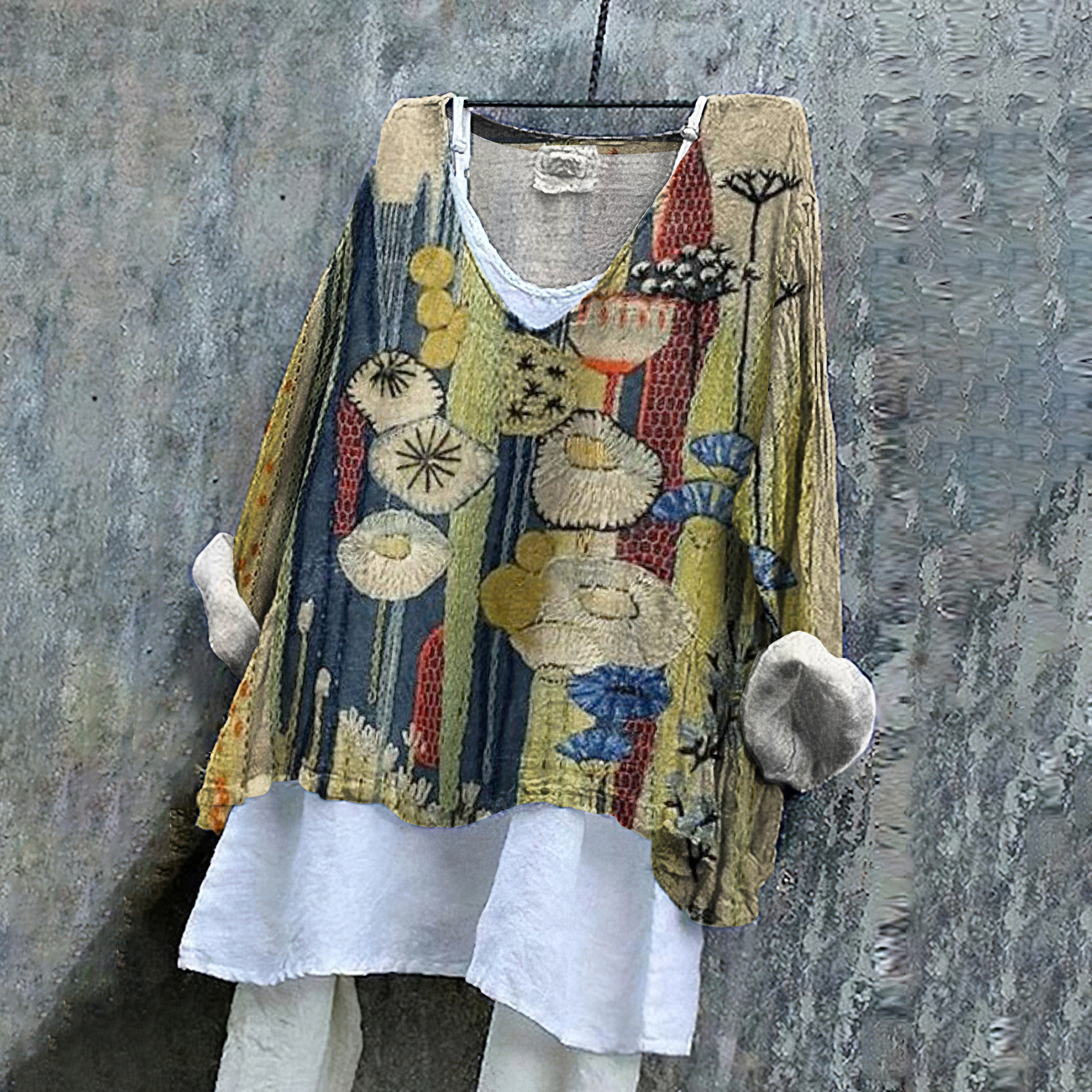 Floral Embroidered Japanese Art Linen Blend Tunic