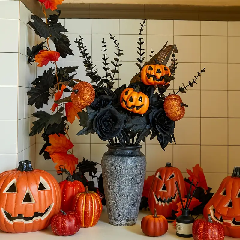 🏆Flash Sale⚡Artificial Fall Flowers-Halloween Pumpkin Bunch with Black Maple Leaves,Rose,Feathers- UV resistant, Waterproof, Windproof