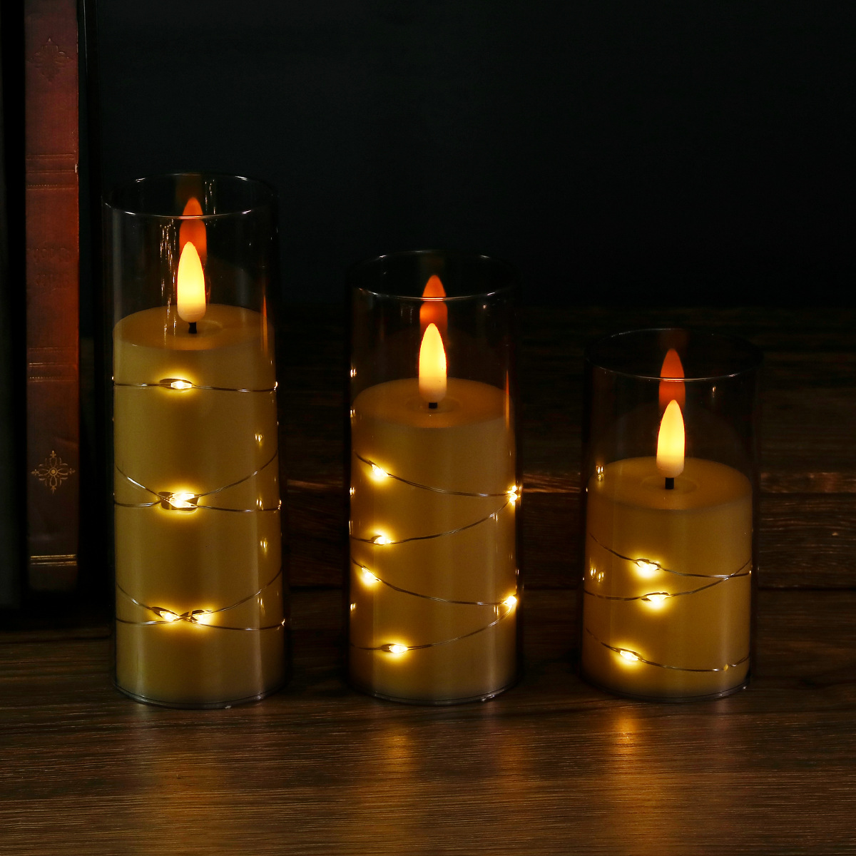 🕯️🕯️LED Candles With Embedded String Lights - (3-Piece Flameless Set)