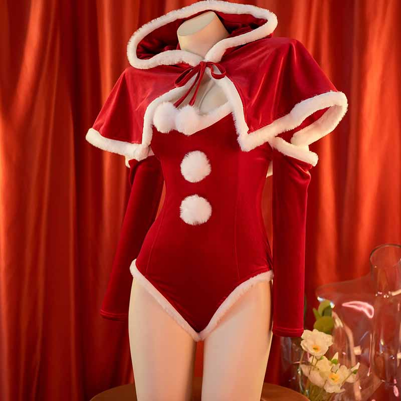 Christmas Fuzzy Ball Hooded Cloak Jumpsuit Lingerie Set