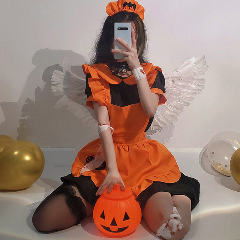 Cosplay Pumpkin Bat Embroidery Doll Collar Maid Dress