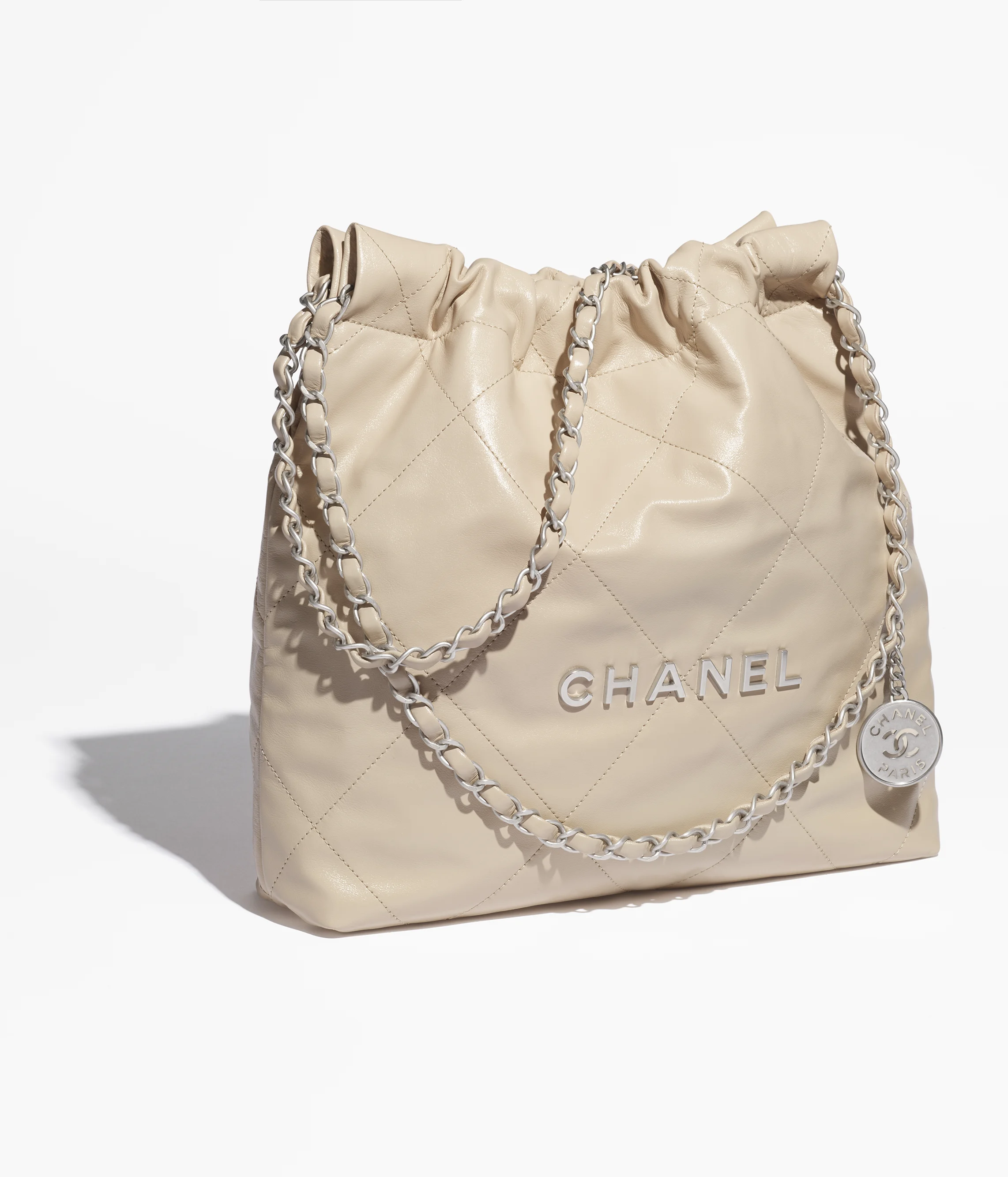 CHANEL 22 Small Handbag Shiny Calfskin & Silver-Tone Metal Beige AS3260-B19057-NADOH