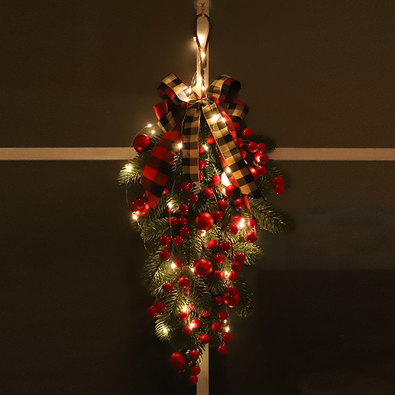 🎄Christmas promotion🔥Pre-installed red fruit door wreath with lights, urn filler with real feel