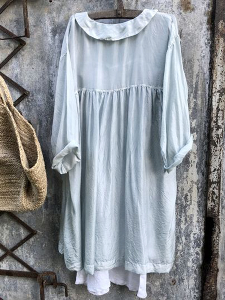Elegant Solid Color Shirt Collar Pleated Midi Dress