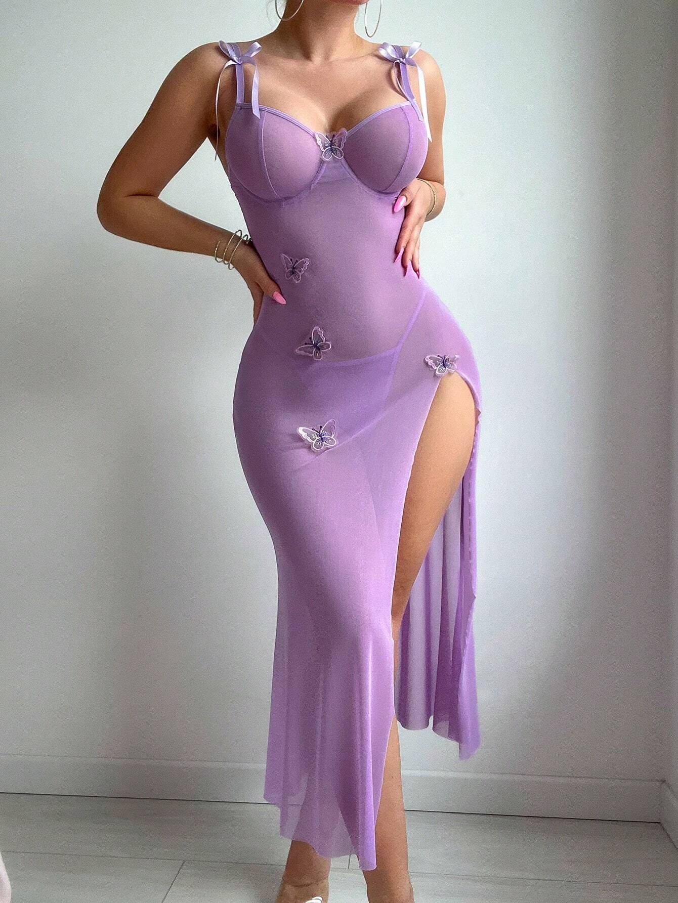 Sexy see-through mesh seductive lace backless high slit light blue lingerie slip dress