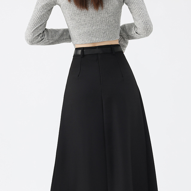 Black High waist show thin pleated skirt belt suit skirt
