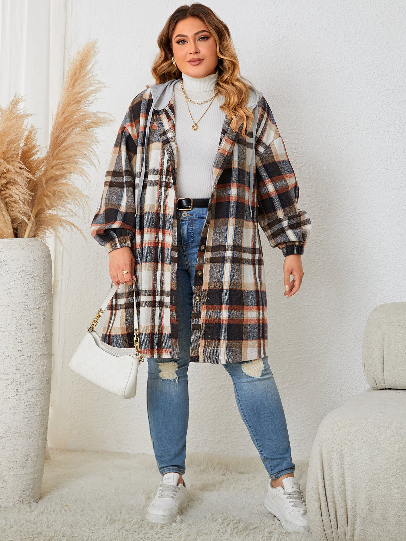 Plus Size Autumn Winter Women Girls Plaid Hooded Mid Length Coat for Women