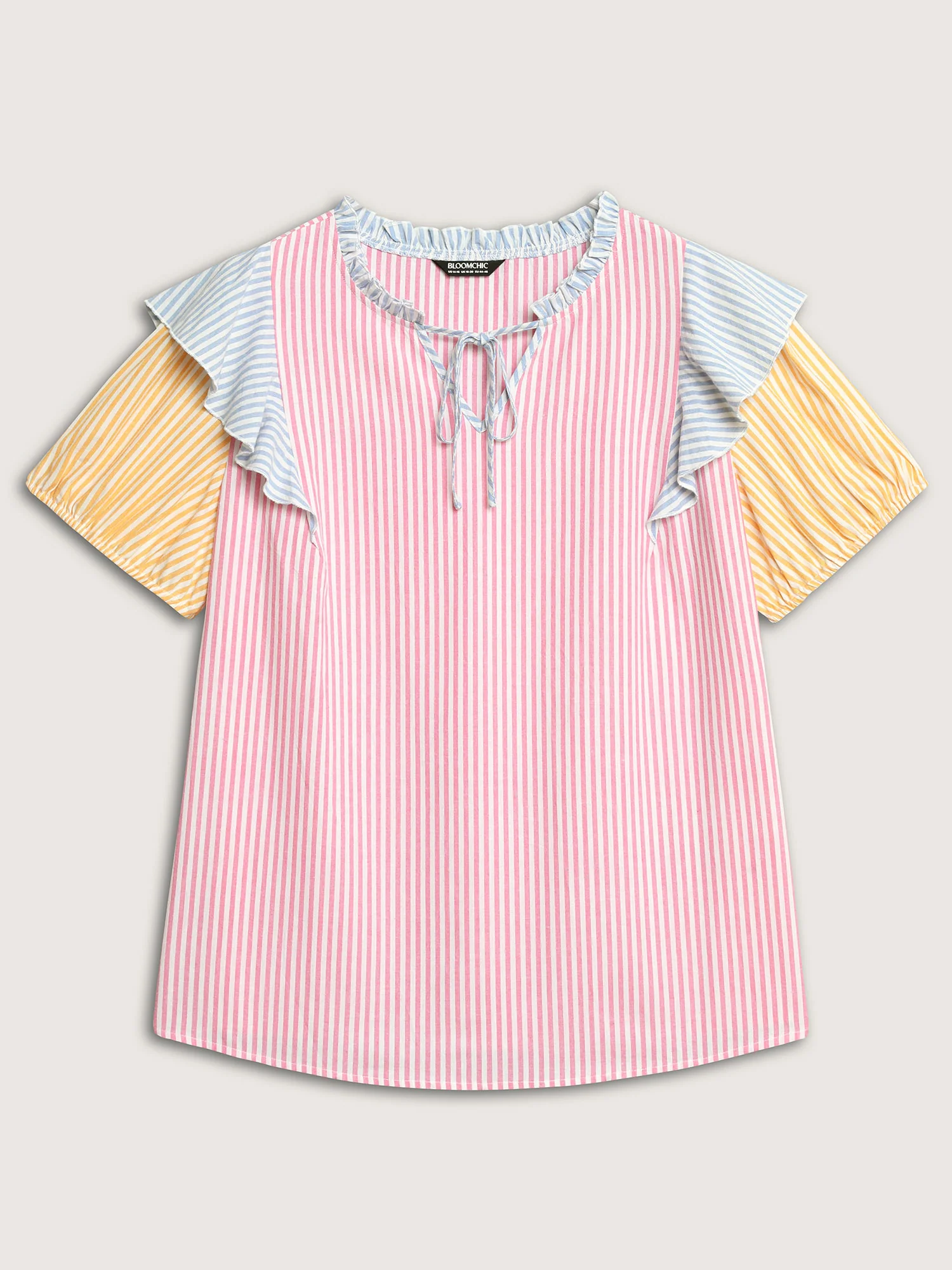 Cotton Colorful Stripes Ruffled Neck Tie Blouse