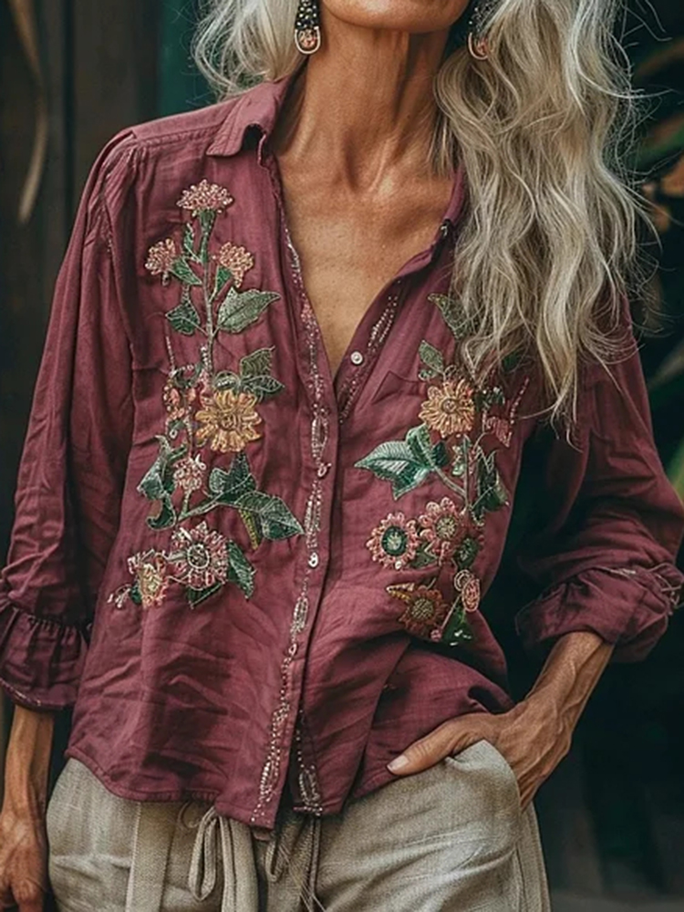 Bohemian Style Linen Floral Art Print  Long Sleeve Shirt