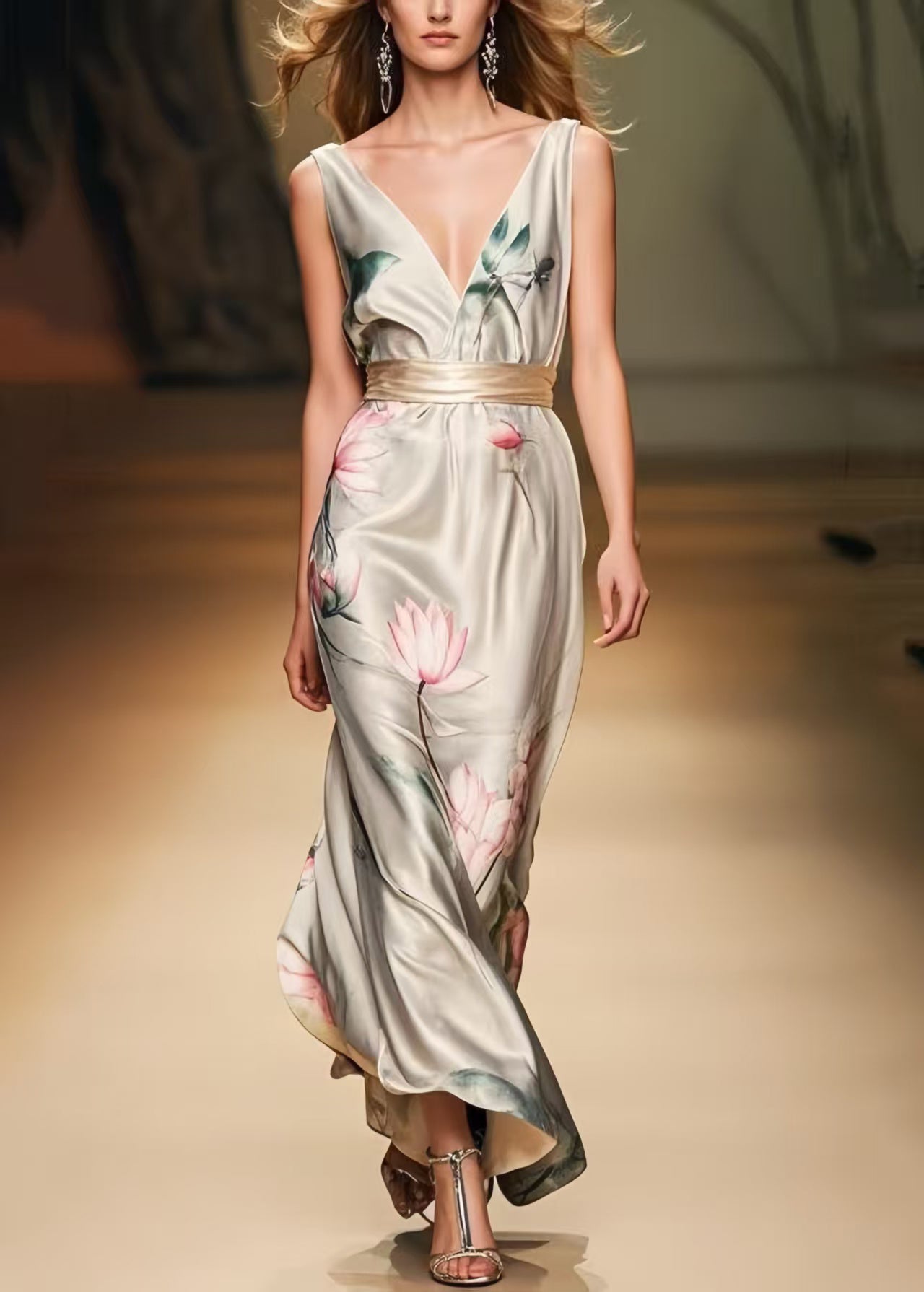 Women Apricot Cinched Print Silk Party Dress Summer