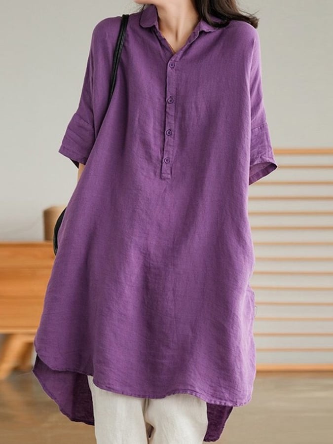 Medium Length Solid Cotton Linen Shirt