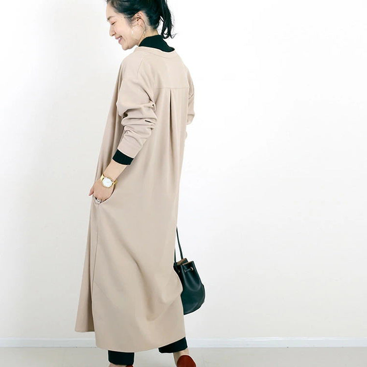 Autumn Winter Shirt Base Dress Women Solid Color Loose Casual V neck Maxi Dress