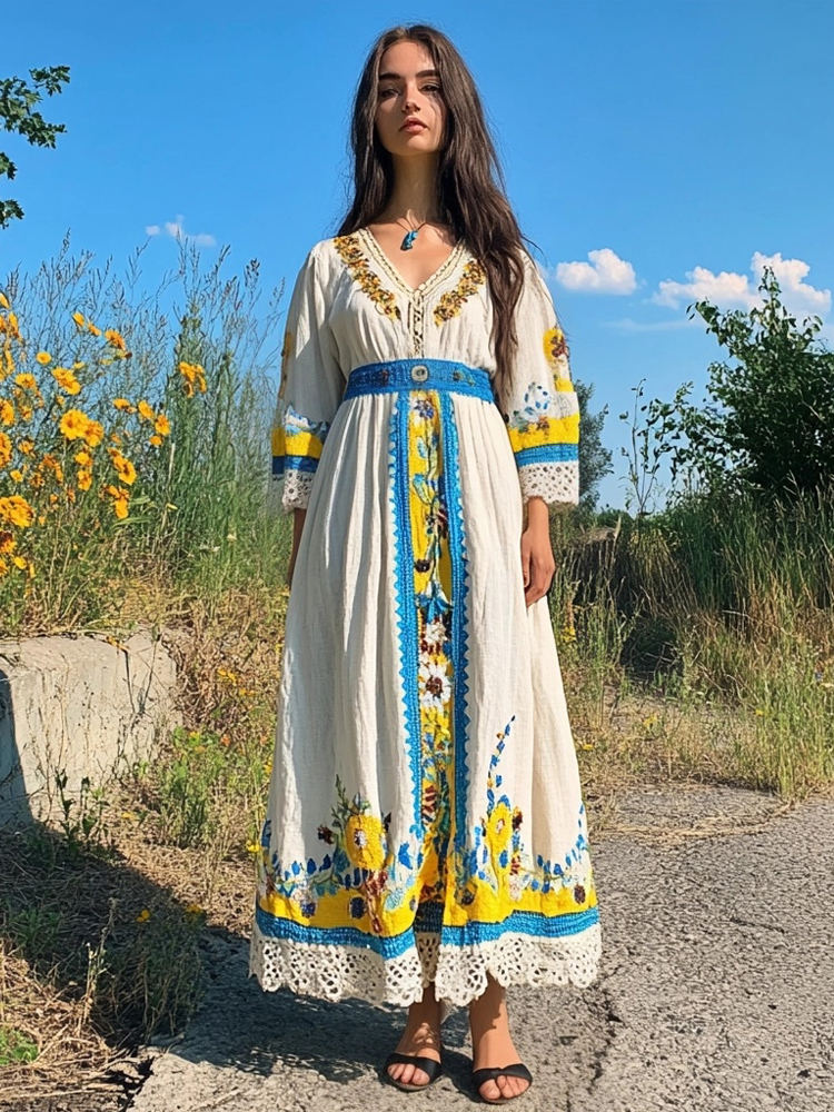 Ukrainian Folk Floral Embroidered Linen Blend Maxi Dress