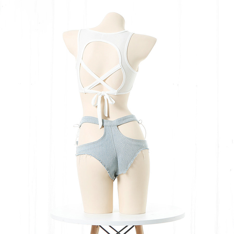Pure Color Tank Top Hollow Out Denim Shorts Lingerie Set