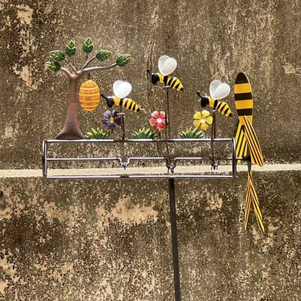 Wrought Iron Windmill Turning Small Bee Garden Stake