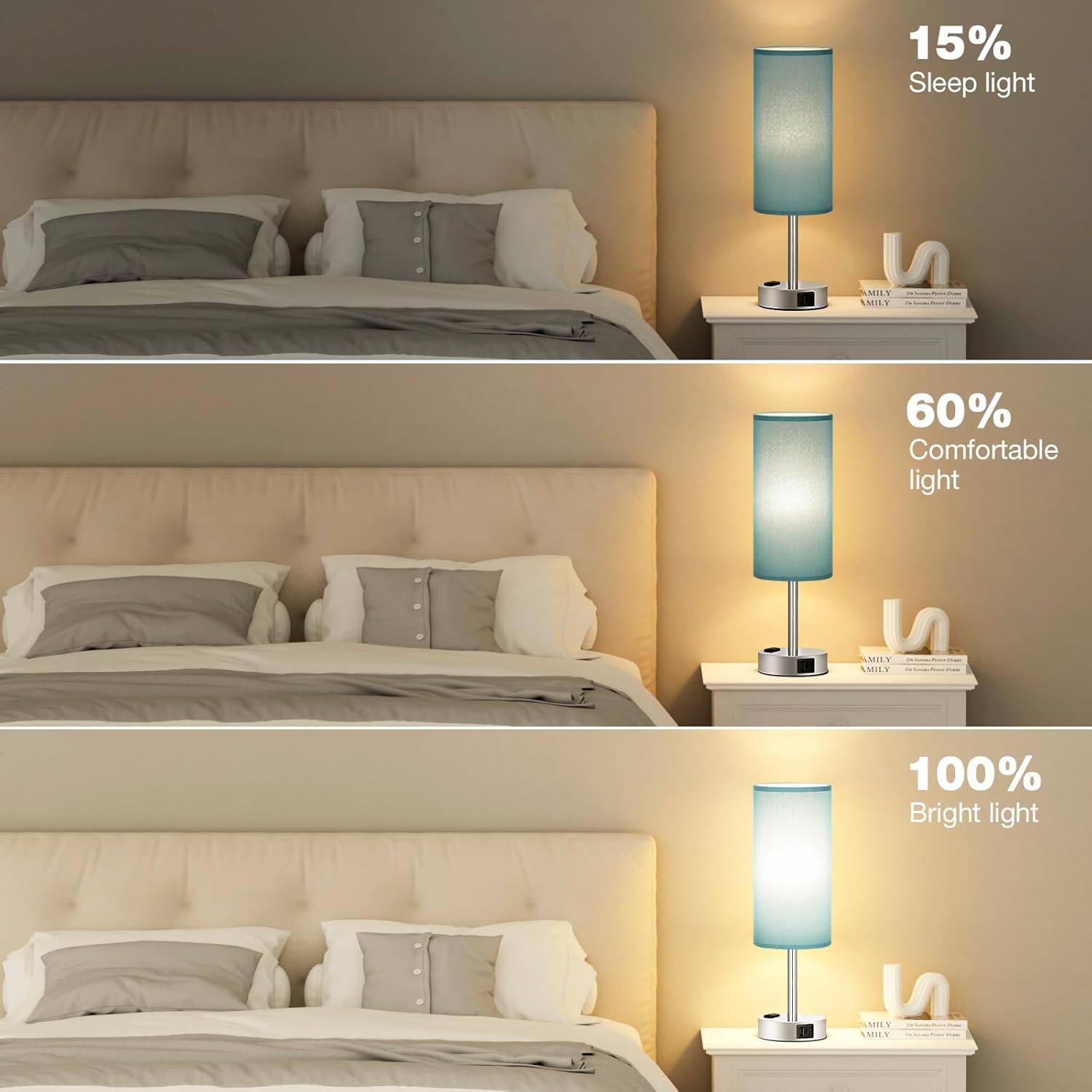 Bedside Table Lamp for Bedroom - 3 Way Dimmable Touch Lamp USB C Charging Ports and AC Outlet, Small Lamp Wood Base Round Flaxen Fabric Shade for Living Room, Desk, LED Bulb Included