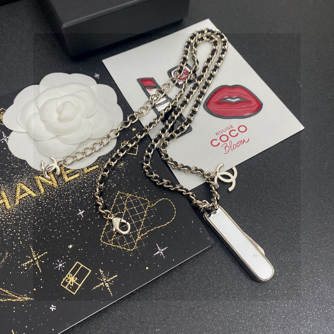 Chanel Comb Brass Double C Pendant Leather Chain Necklace