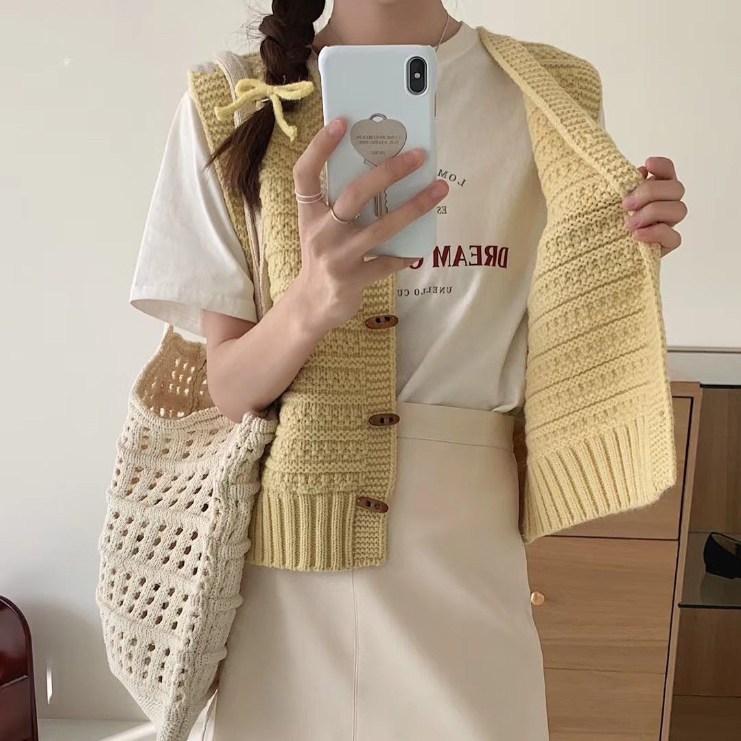 V-Neck Cardigan with Horn Button Design and Three-Dimensional Pattern
